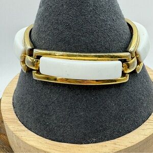 Monet vintage gold tone long link bracelet with white acrylic inlay safety chain